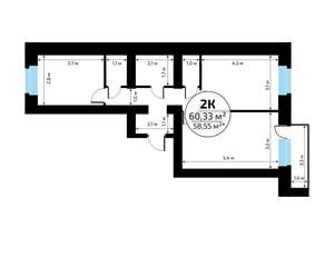 2-к квартира, вторичка, 60м2, 13/18 этаж