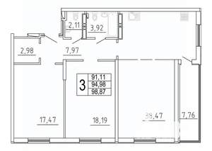 3-к квартира, строящийся дом, 99м2, 15/27 этаж