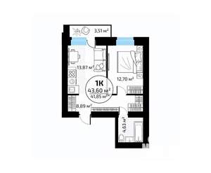 1-к квартира, вторичка, 44м2, 5/18 этаж