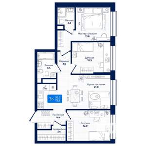 3-к квартира, вторичка, 76м2, 2/19 этаж