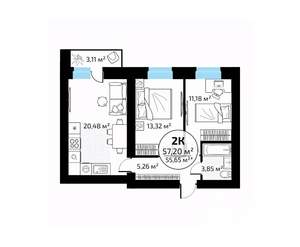 2-к квартира, вторичка, 57м2, 15/18 этаж