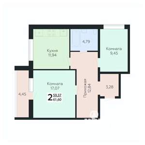 2-к квартира, строящийся дом, 62м2, 1/10 этаж