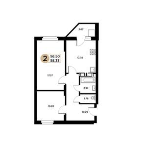 2-к квартира, строящийся дом, 57м2, 26/26 этаж