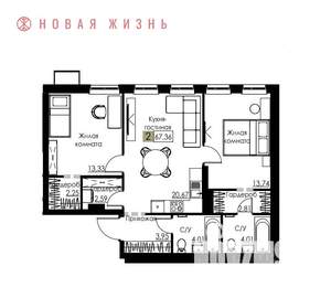 2-к квартира, вторичка, 67м2, 2/8 этаж