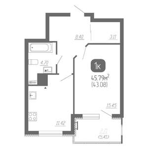 1-к квартира, вторичка, 46м2, 4/22 этаж