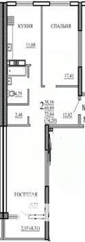 2-к квартира, сданный дом, 74м2, 7/25 этаж