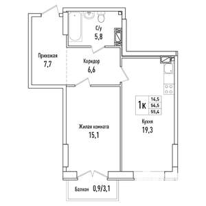 1-к квартира, вторичка, 55м2, 3/6 этаж