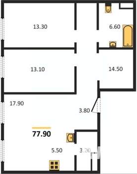3-к квартира, строящийся дом, 78м2, 13/20 этаж
