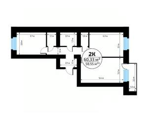 2-к квартира, вторичка, 60м2, 11/18 этаж