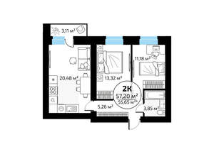 2-к квартира, вторичка, 57м2, 9/18 этаж