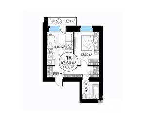 1-к квартира, вторичка, 44м2, 7/18 этаж