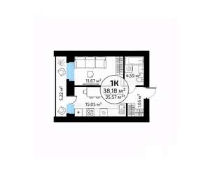 1-к квартира, вторичка, 38м2, 4/18 этаж