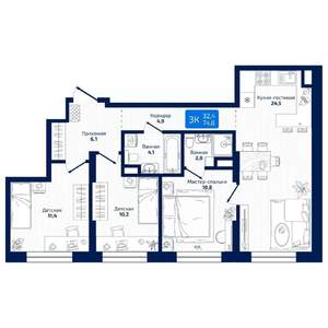 3-к квартира, вторичка, 75м2, 7/19 этаж