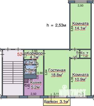 3-к квартира, вторичка, 59м2, 3/5 этаж