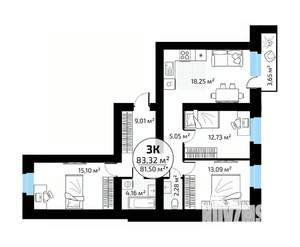 3-к квартира, вторичка, 83м2, 18/18 этаж