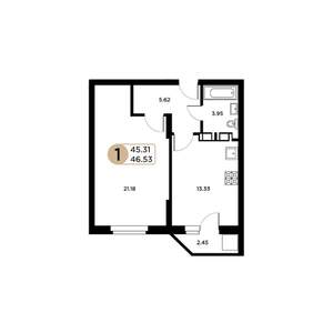 1-к квартира, строящийся дом, 45м2, 2/26 этаж