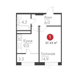 1-к квартира, строящийся дом, 37м2, 9/19 этаж