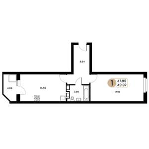 1-к квартира, строящийся дом, 48м2, 26/26 этаж