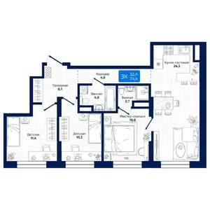 3-к квартира, вторичка, 74м2, 12/19 этаж