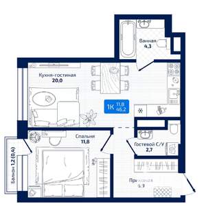 1-к квартира, вторичка, 46м2, 5/19 этаж