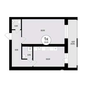 1-к квартира, вторичка, 56м2, 2/8 этаж