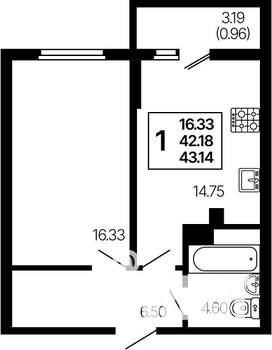 1-к квартира, строящийся дом, 43м2, 2/21 этаж