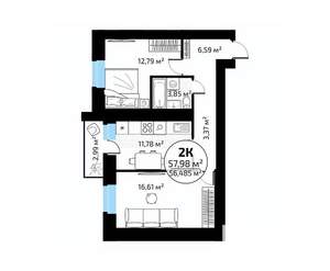 2-к квартира, вторичка, 58м2, 17/18 этаж