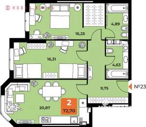 2-к квартира, вторичка, 72м2, 4/23 этаж