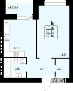 1-к квартира, строящийся дом, 50м2, 1/8 этаж