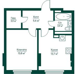 1-к квартира, строящийся дом, 40м2, 28/29 этаж