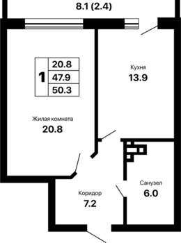 1-к квартира, вторичка, 50м2, 7/16 этаж