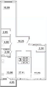 3-к квартира, строящийся дом, 98м2, 18/27 этаж