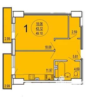 1-к квартира, сданный дом, 51м2, 19/20 этаж