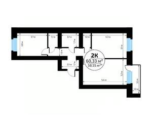 2-к квартира, вторичка, 60м2, 12/18 этаж