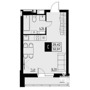 Студия квартира, вторичка, 31м2, 1/18 этаж