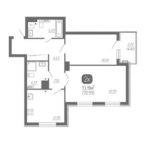 2-к квартира, вторичка, 73м2, 2/22 этаж