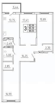 3-к квартира, строящийся дом, 98м2, 3/27 этаж