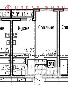1-к квартира, строящийся дом, 48м2, 23/25 этаж