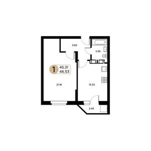 1-к квартира, строящийся дом, 45м2, 2/26 этаж