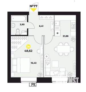 1-к квартира, вторичка, 49м2, 15/16 этаж