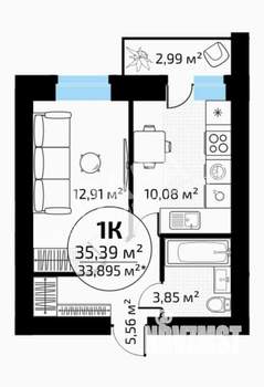 1-к квартира, сданный дом, 35м2, 12/18 этаж