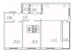 3-к квартира, строящийся дом, 99м2, 21/27 этаж