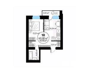 1-к квартира, вторичка, 44м2, 3/18 этаж