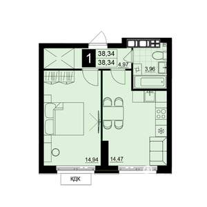 1-к квартира, строящийся дом, 38м2, 5/15 этаж