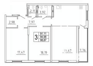 3-к квартира, строящийся дом, 99м2, 21/27 этаж