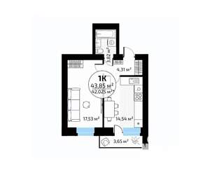 1-к квартира, вторичка, 44м2, 17/18 этаж