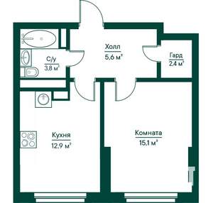 1-к квартира, строящийся дом, 40м2, 28/29 этаж
