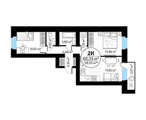 2-к квартира, вторичка, 60м2, 3/18 этаж