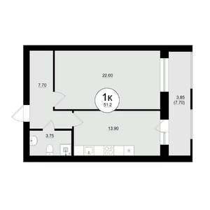 1-к квартира, вторичка, 52м2, 6/8 этаж