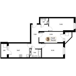 3-к квартира, строящийся дом, 77м2, 16/26 этаж